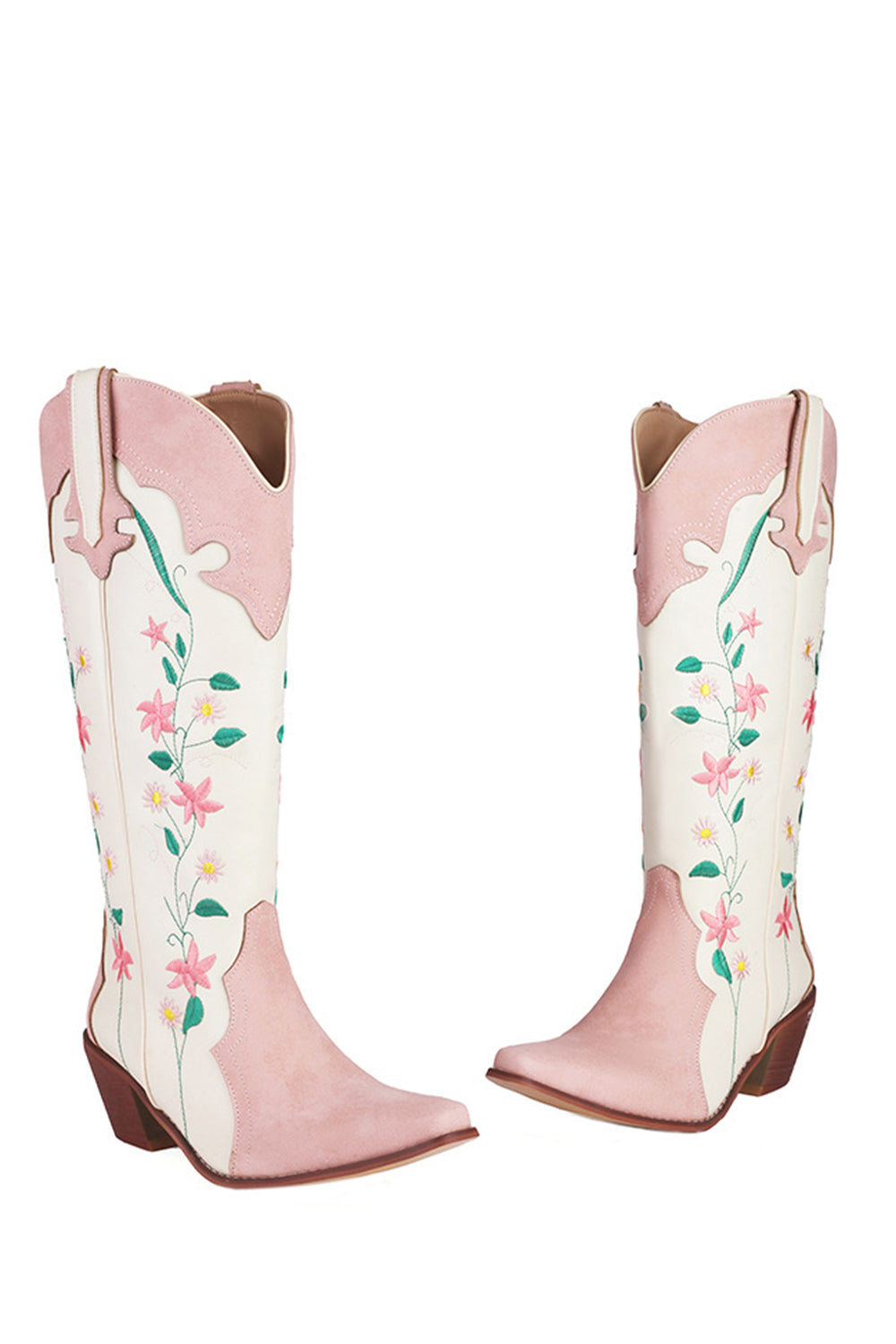 Botas vaqueras de tacón grueso bordadas hasta la rodilla y pantorrillas anchas blancas