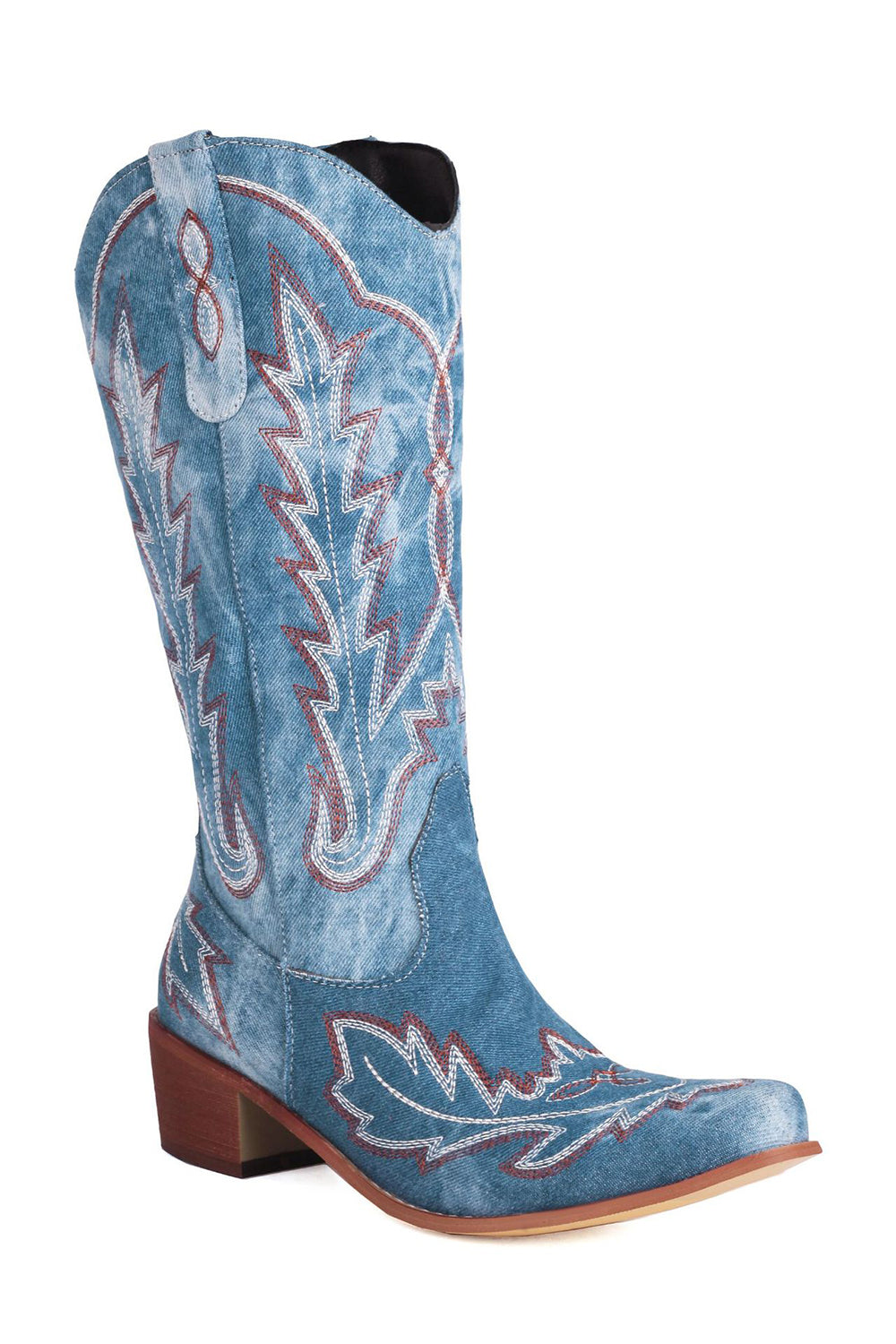 Botas vaqueras clásicas de pantorrilla ancha con punta puntiaguda bordada hasta la rodilla