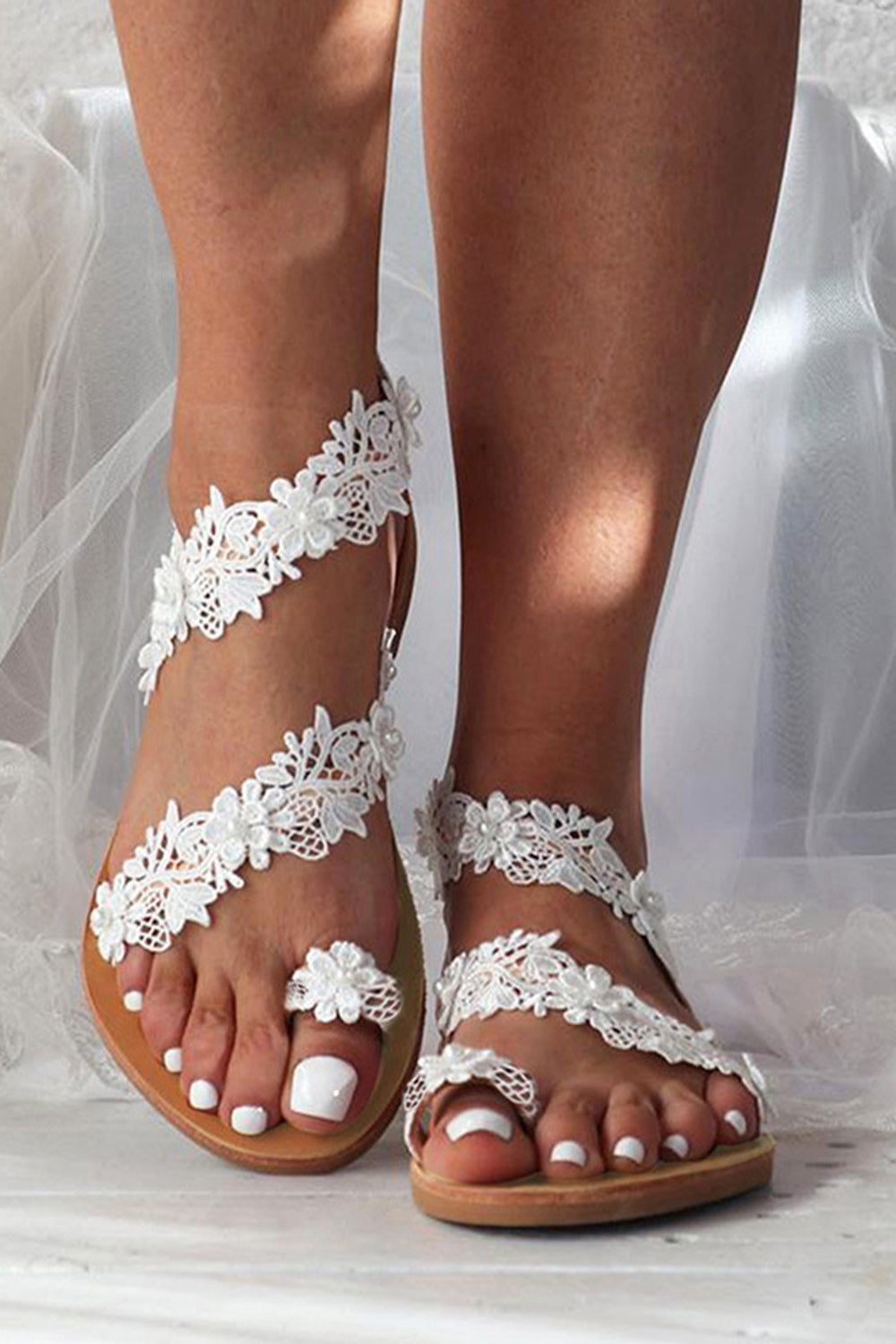 Sandalias planas de mujer de encaje blanco boho