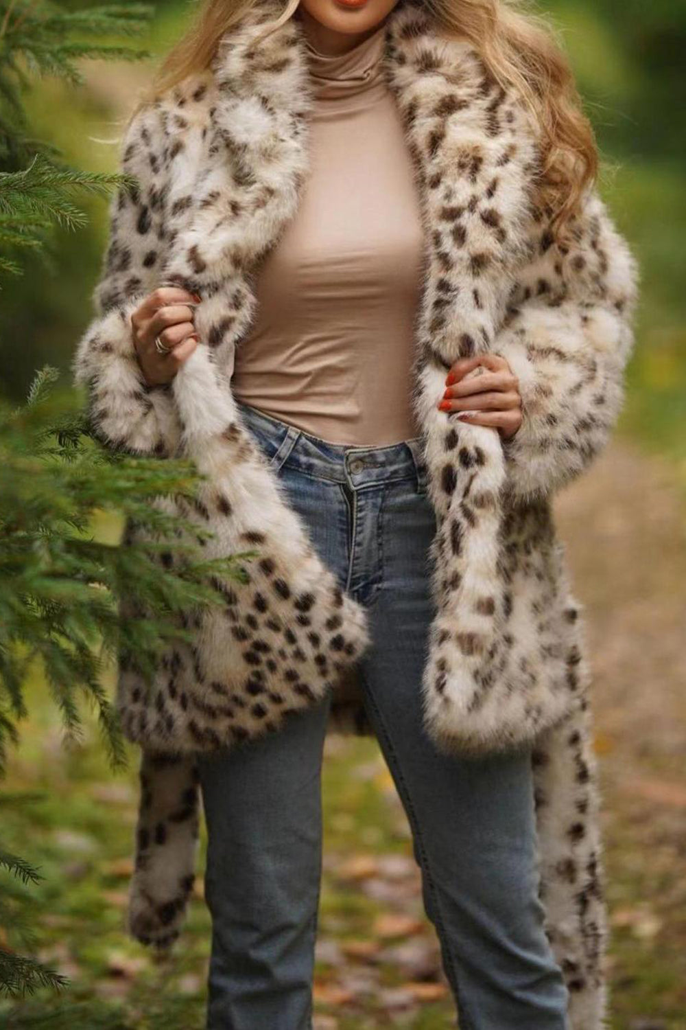 Maxi Abrigo de Piel de Oveja con Cinturón con Estampado de Leopardo