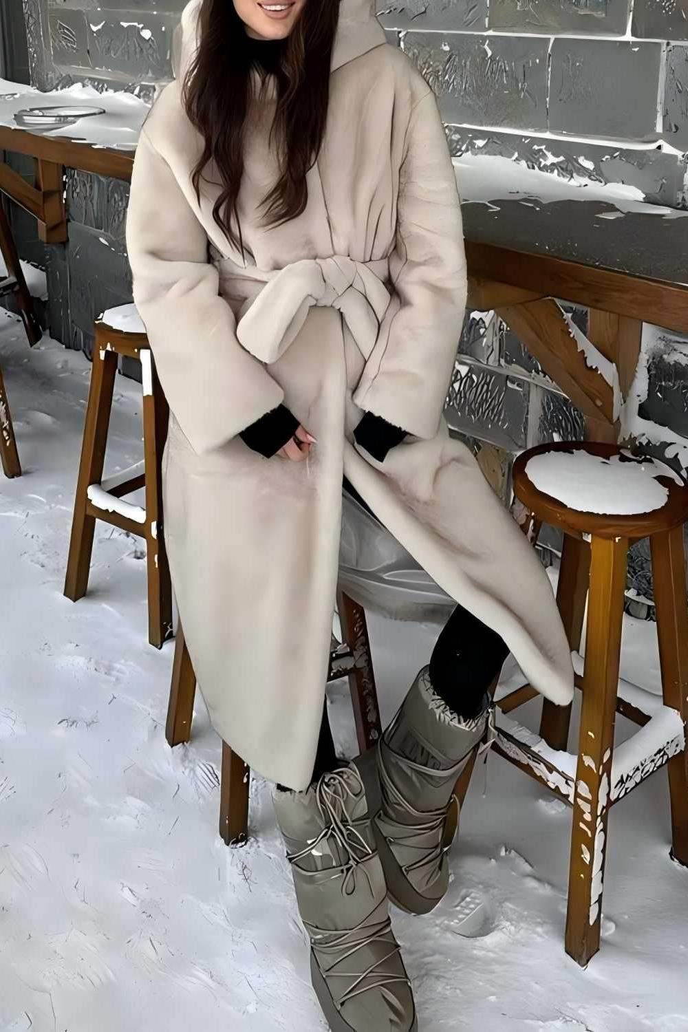 Abrigo largo pelo sintético beige con cinturón