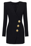Blazer largo de mujer con escote en V negro y corte ajustado