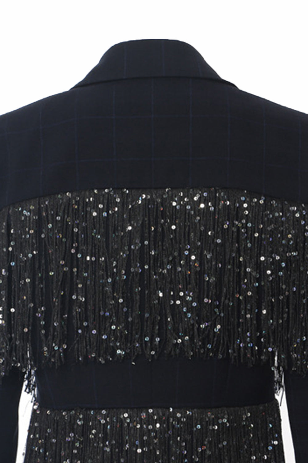 Blazer de mujer con solapa de pico azul marino brillante con flecos