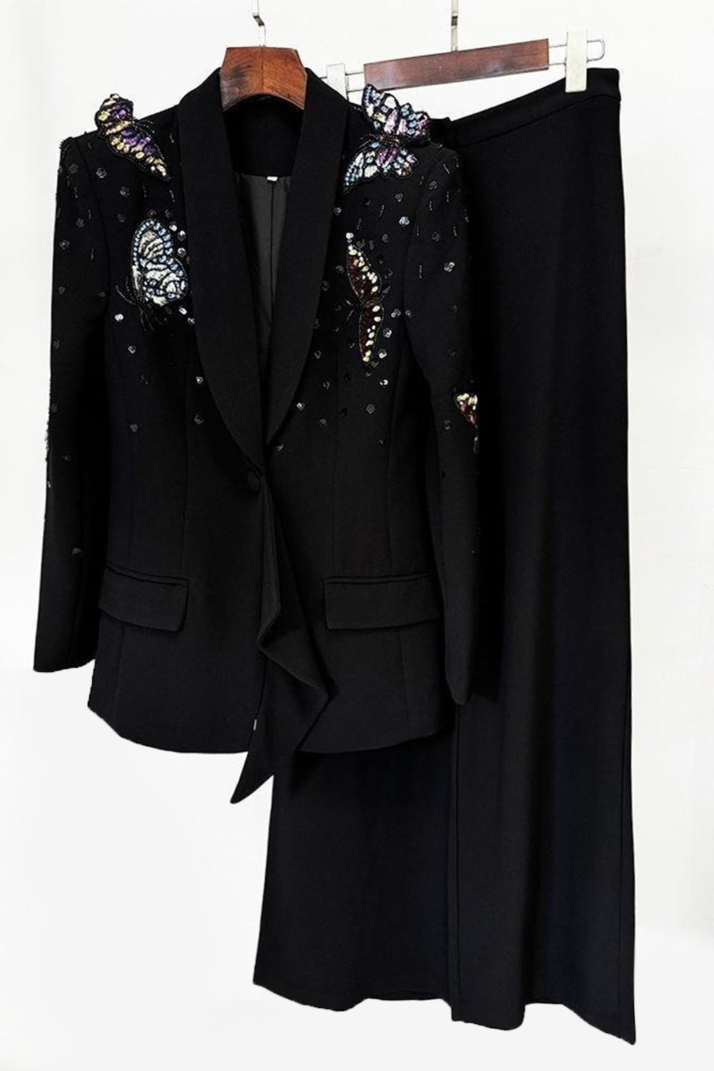 Chal Negro Solapa 2 Piezas Trajes de Mujer con Mariposas