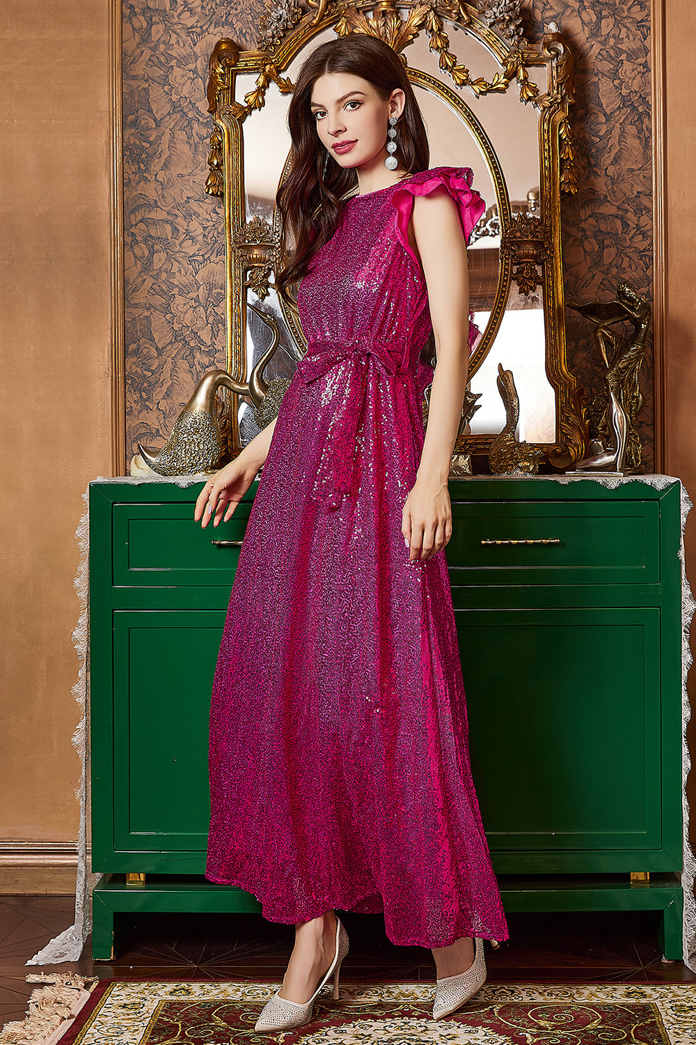 Vestido de fiesta largo con mangas con volantes fucsia