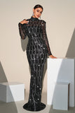 Vestido de fiesta sirena con lentejuelas negras brillantes con mangas largas