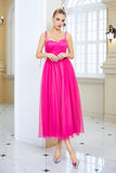 Vestido de fiesta de tirantes finos de línea A fucsia con lazo