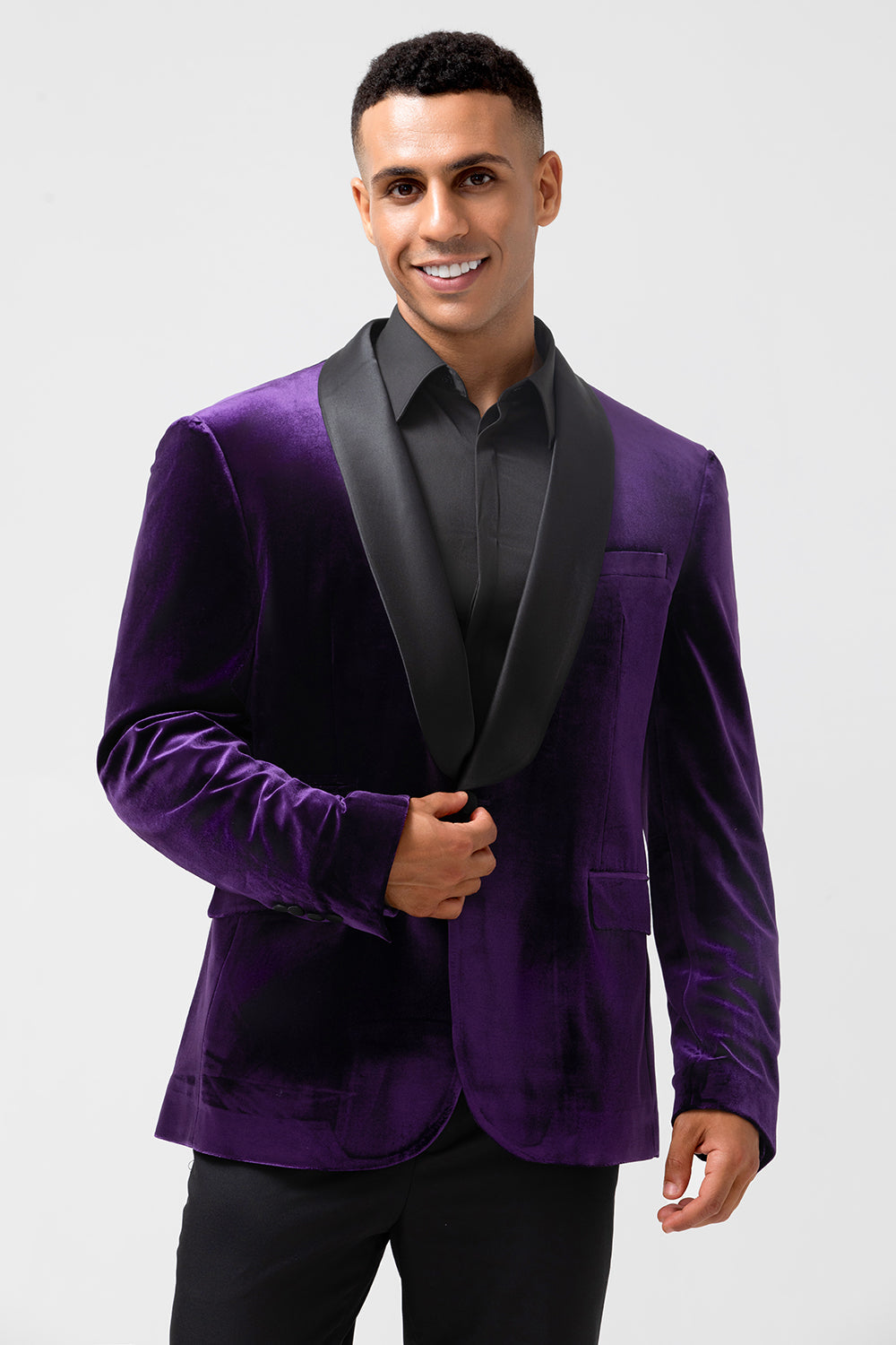 Blazer de fiesta para hombre con solapa de chal morado oscuro con un botón