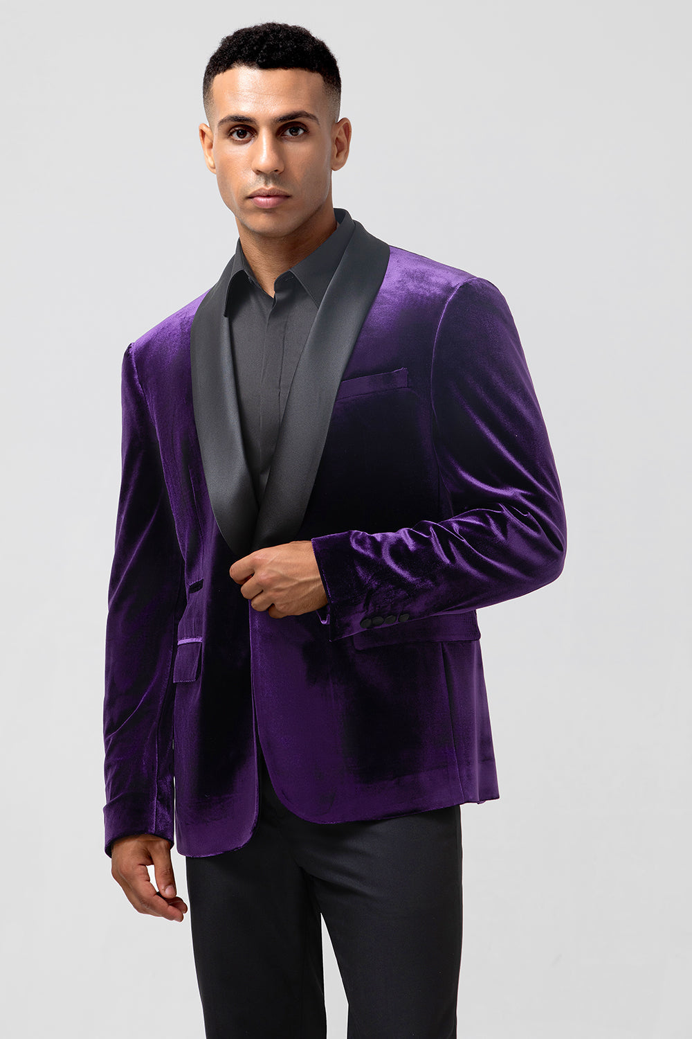 Blazer de fiesta para hombre con solapa de chal morado oscuro con un botón