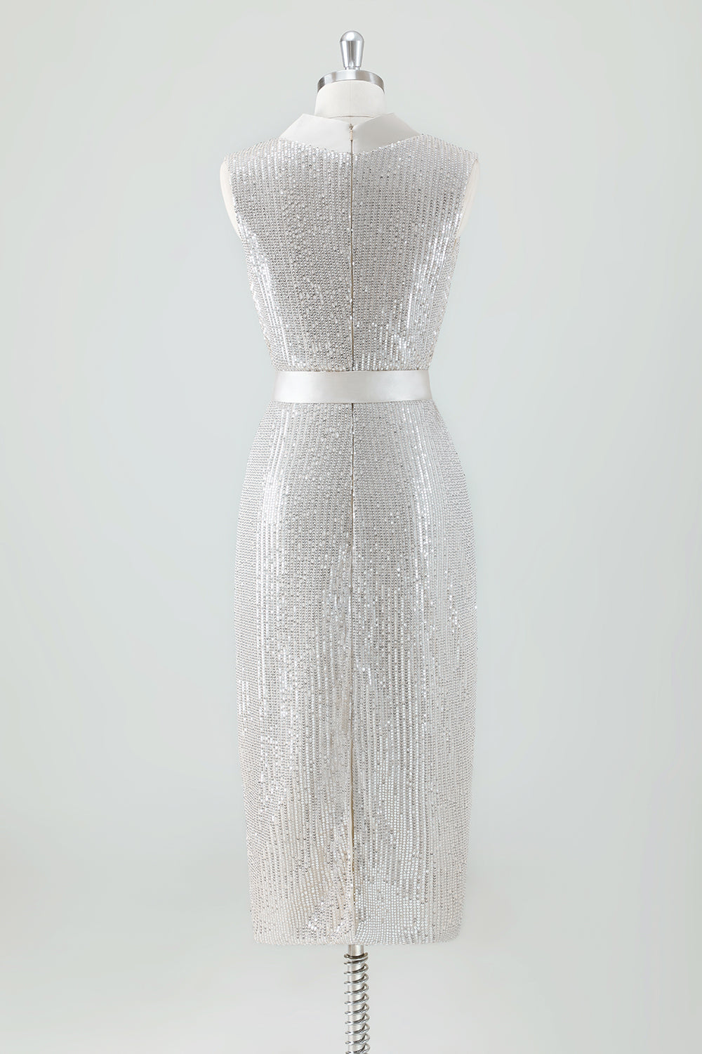 Champagne Sparkly V Cuello Té Largo Vestido de fiesta de vacaciones con lazo