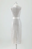 Champagne Sparkly V Cuello Té Largo Vestido de fiesta de vacaciones con lazo