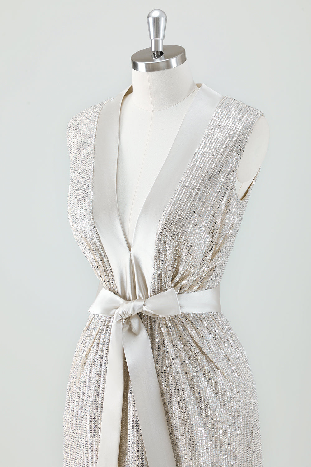 Champagne Sparkly V Cuello Té Largo Vestido de fiesta de vacaciones con lazo
