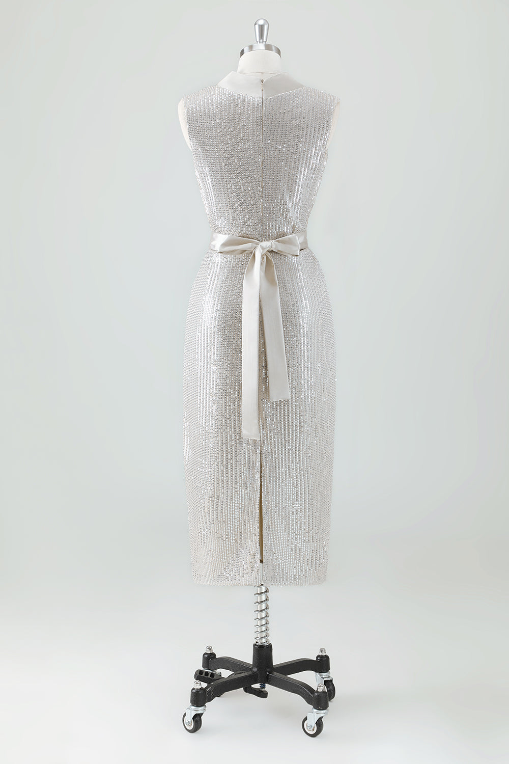 Champagne Sparkly V Cuello Té Largo Vestido de fiesta de vacaciones con lazo