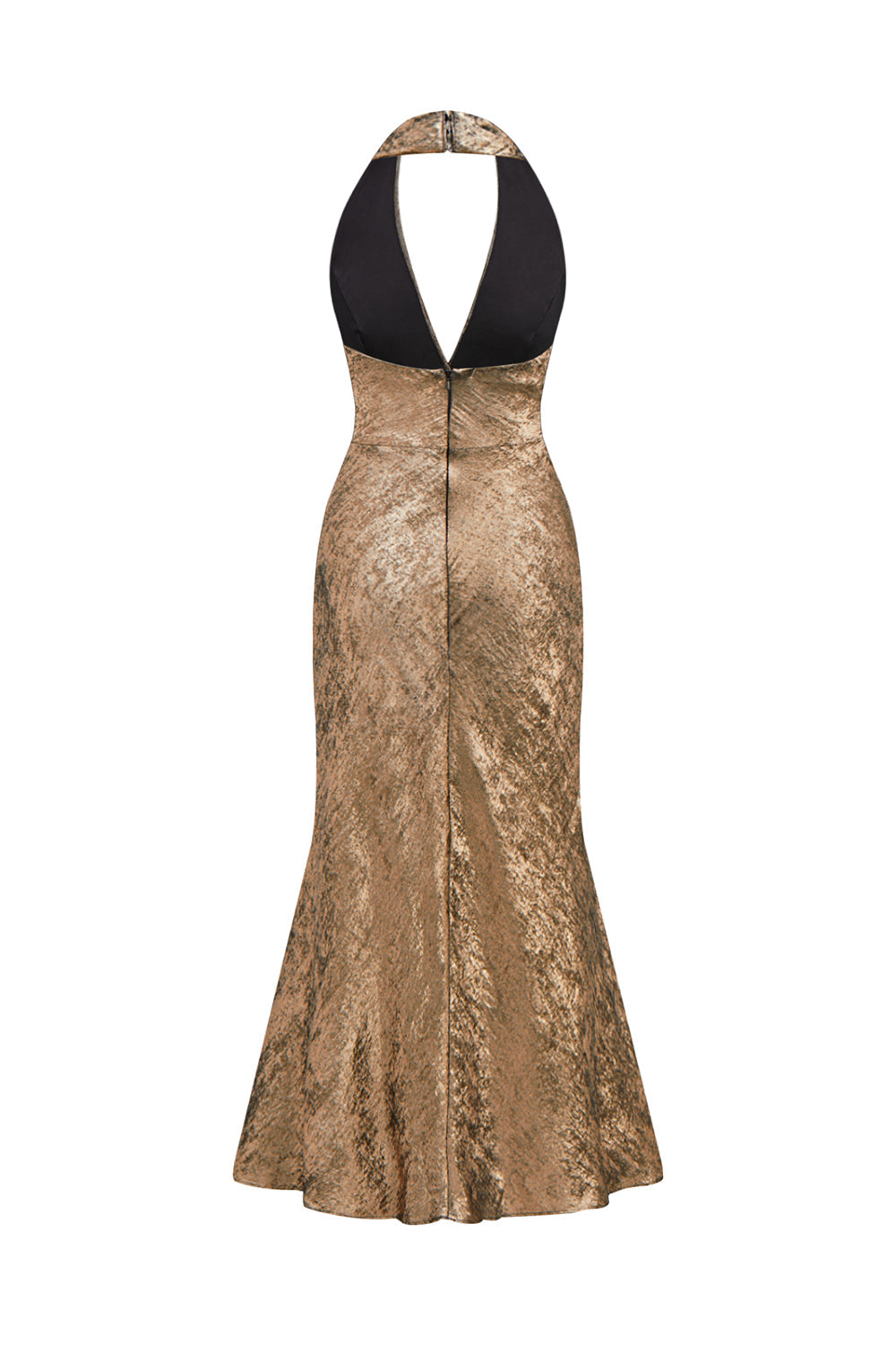 Vestido de cóctel midi de satén sirena con cuello halter dorado