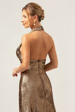 Vestido de dama de honor de sirena dorada con cuello halter sin espalda