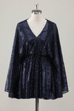 Vestido de fiesta navideño corto azul marino brillante con mangas largas
