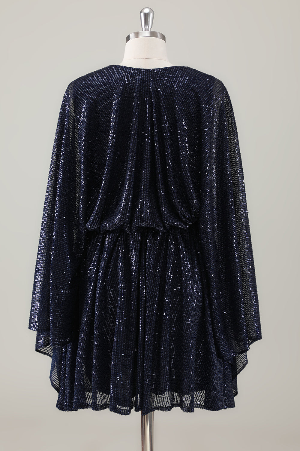 Vestido de fiesta navideño corto azul marino brillante con mangas largas