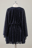 Vestido de fiesta navideño corto azul marino brillante con mangas largas