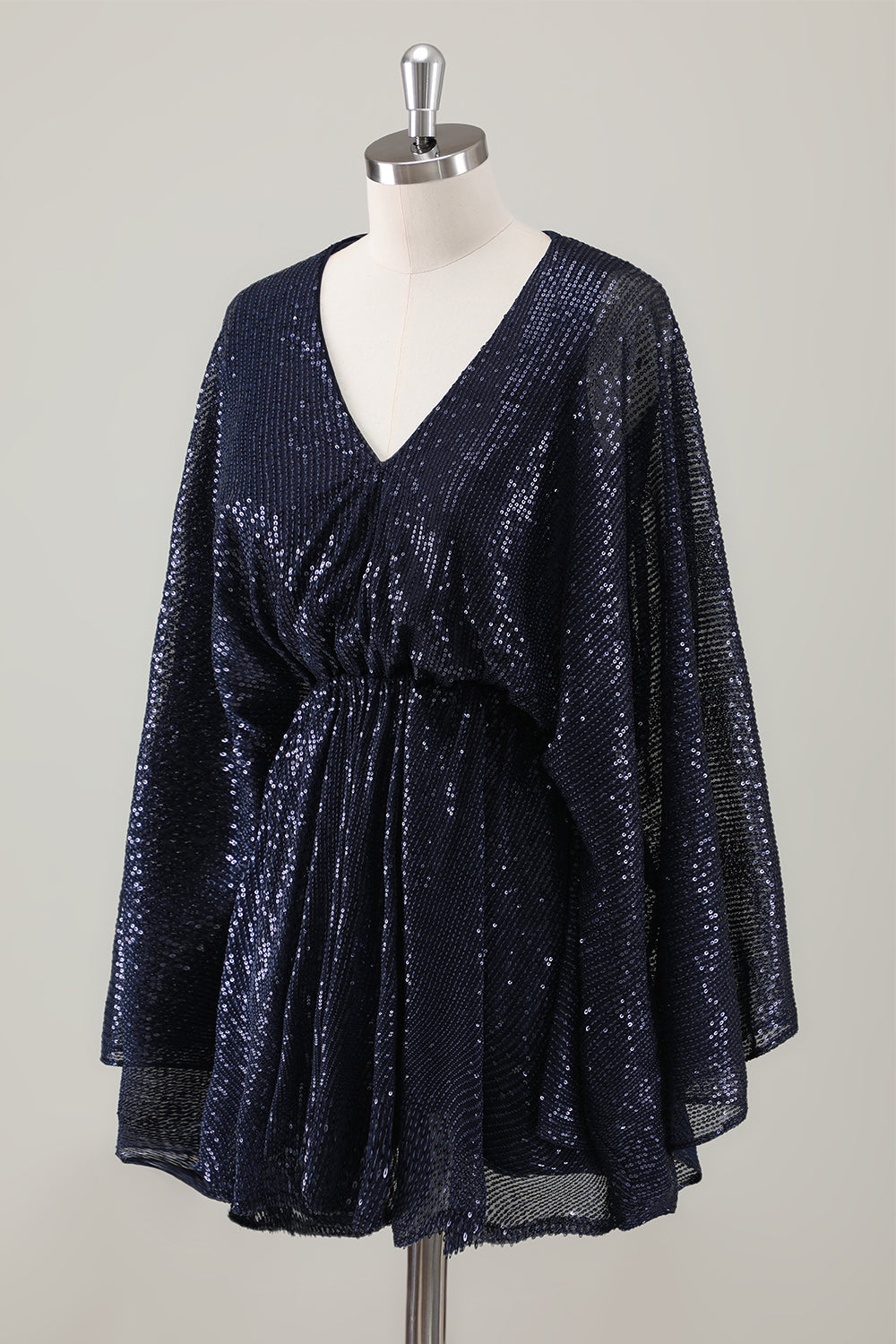 Vestido de fiesta navideño corto azul marino brillante con mangas largas