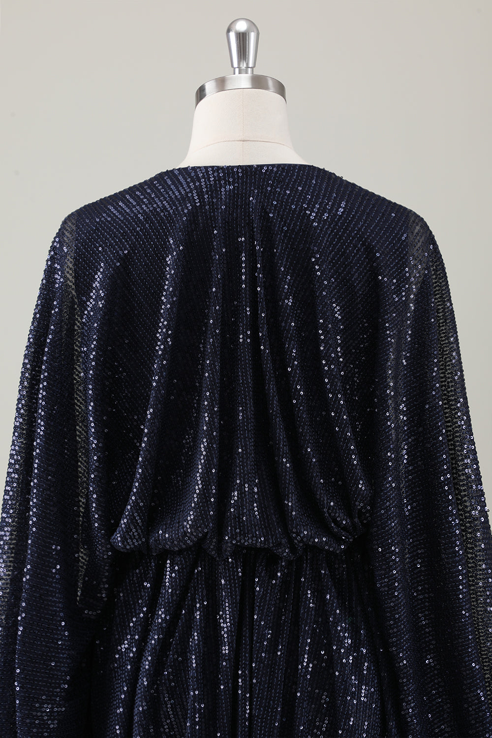 Vestido de fiesta navideño corto azul marino brillante con mangas largas