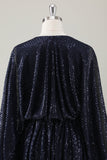 Vestido de fiesta navideño corto azul marino brillante con mangas largas
