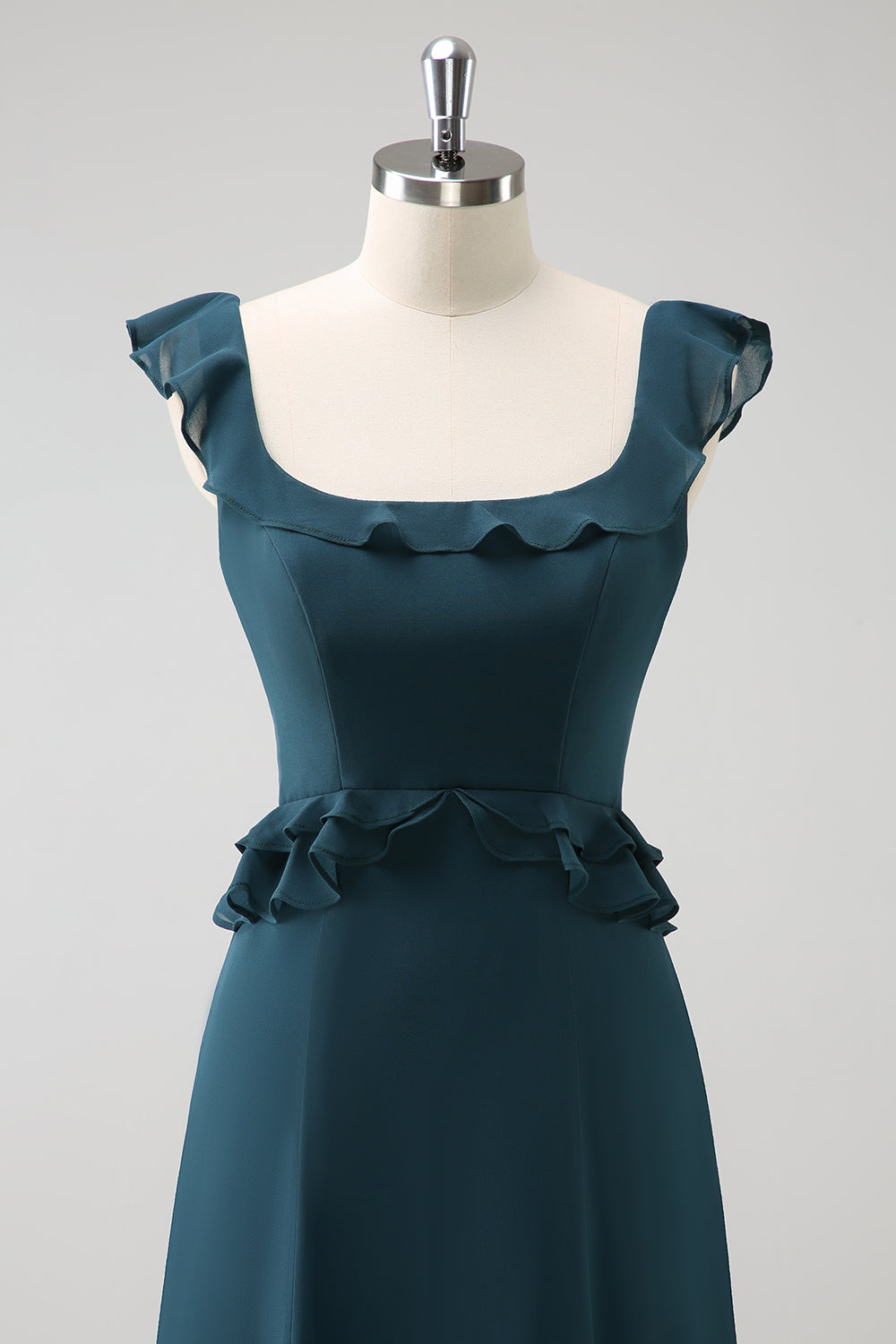 Vestido de dama de honor de gasa de gasa verde pavo real oscuro con cuello redondo