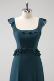 Vestido de dama de honor de gasa de gasa verde pavo real oscuro con cuello redondo