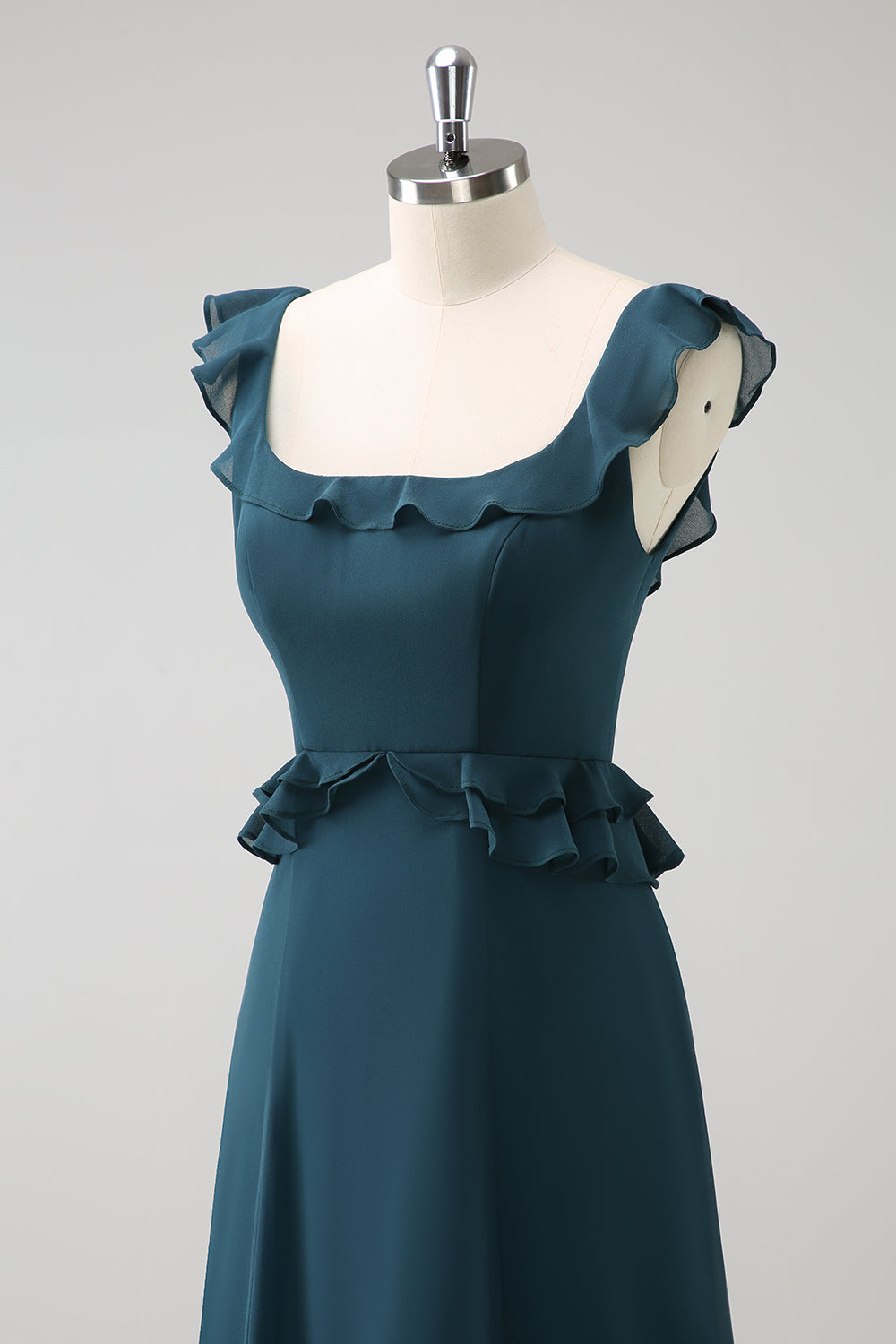 Vestido de dama de honor de gasa de gasa verde pavo real oscuro con cuello redondo