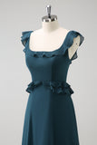 Vestido de dama de honor de gasa de gasa verde pavo real oscuro con cuello redondo