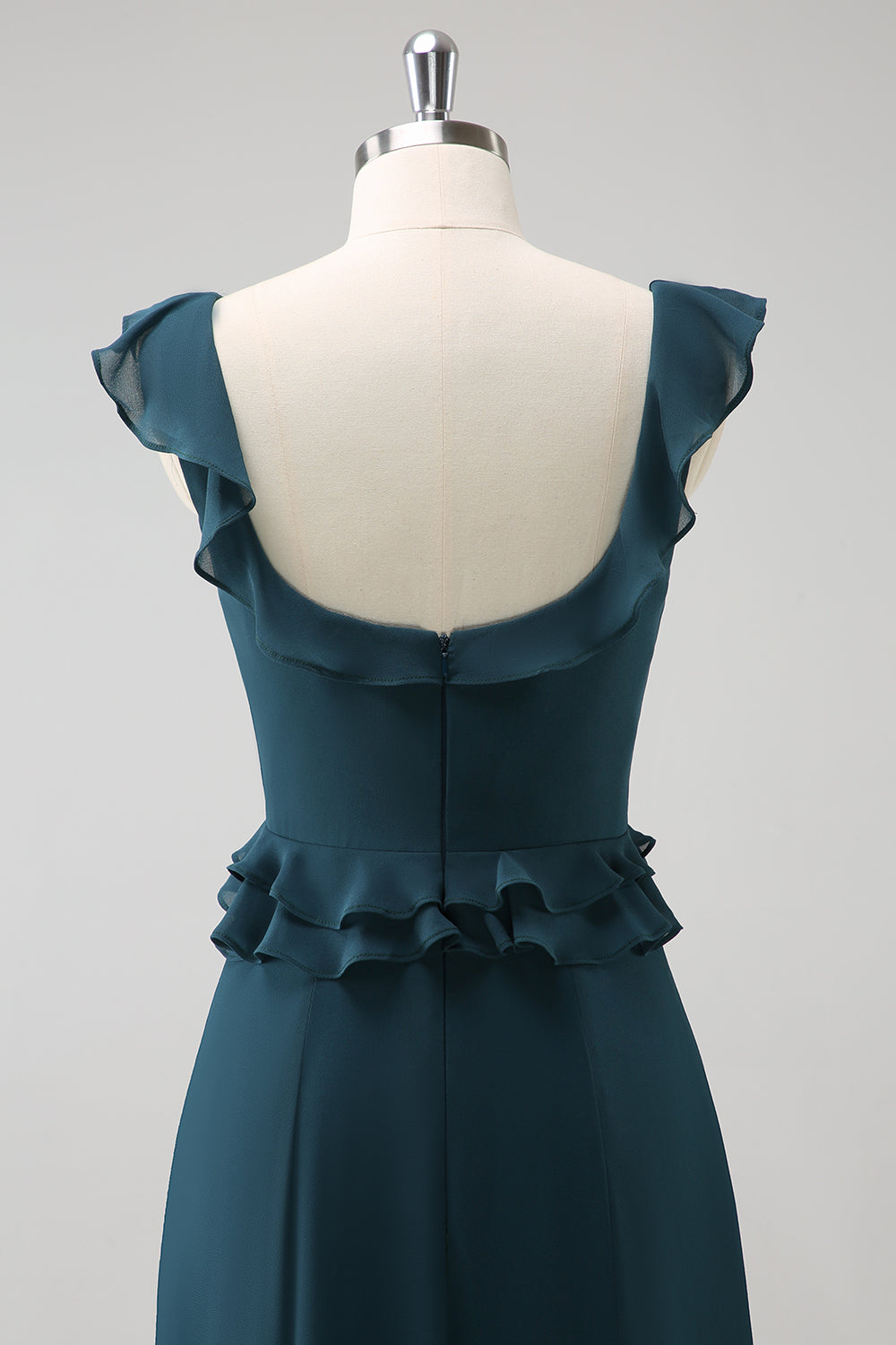 Vestido de dama de honor de gasa de gasa verde pavo real oscuro con cuello redondo
