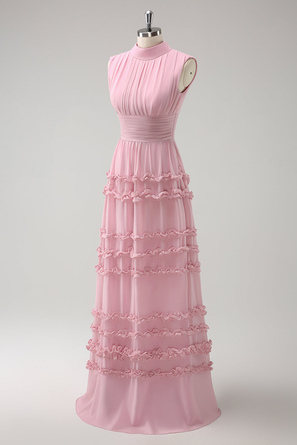 Vestido de dama de honor de gasa con volantes en forma de A y espalda abierta
