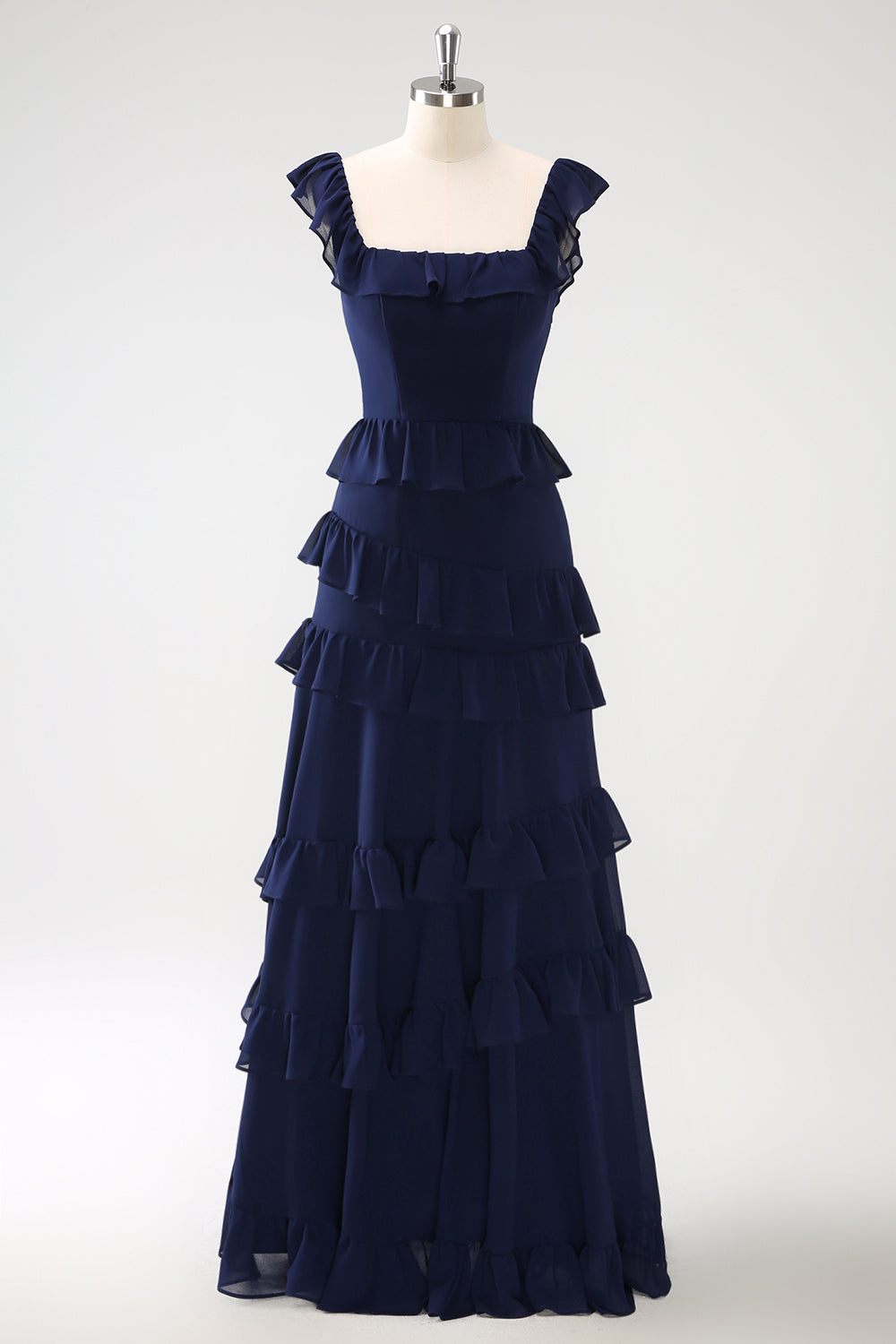 Vestido largo de dama de honor de gasa escalonada azul marino oscuro