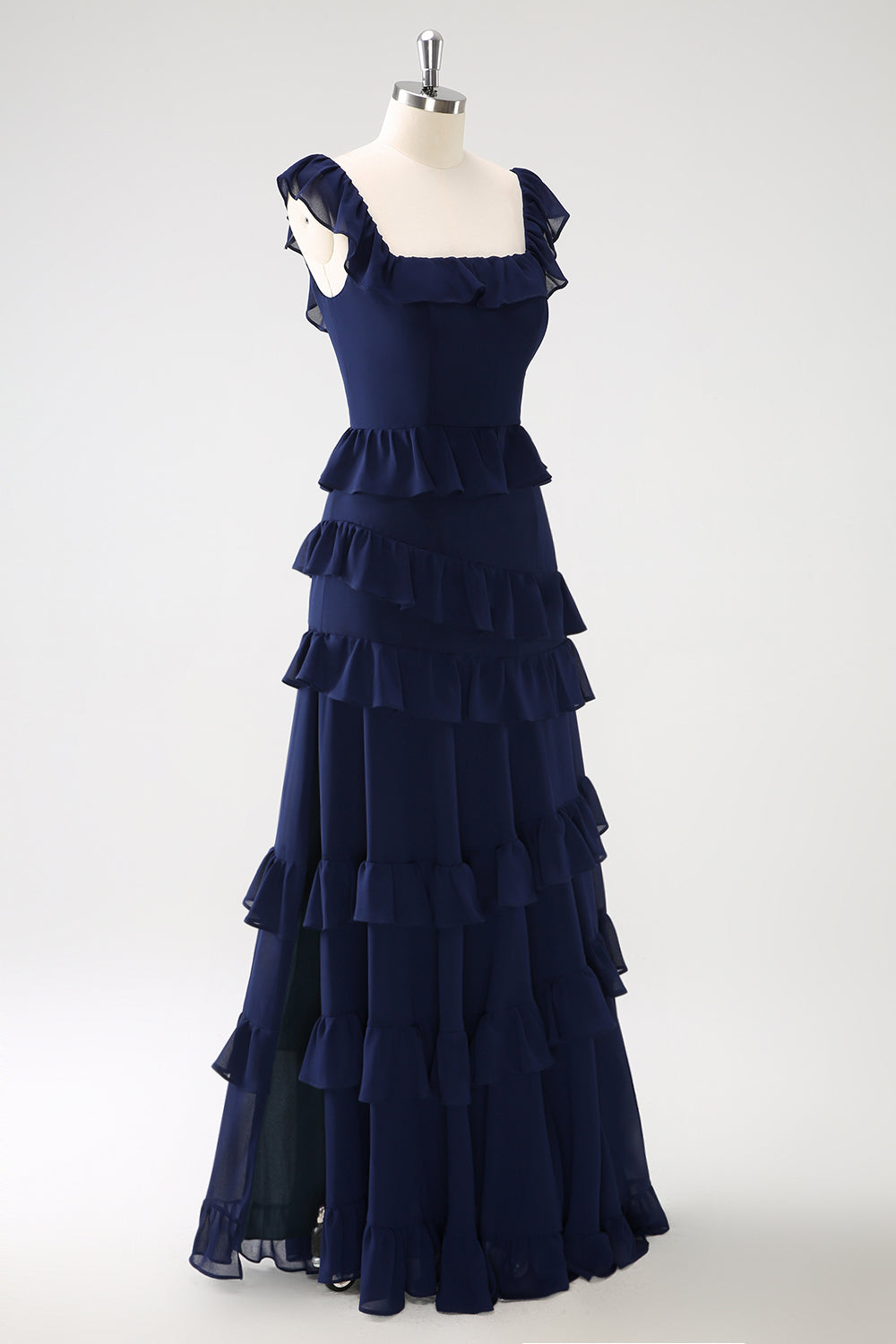 Vestido largo de dama de honor de gasa escalonada azul marino oscuro