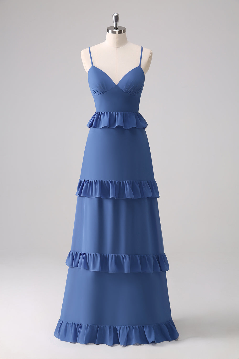 Vestido de dama de honor de línea A con tirantes finos azul oscuro