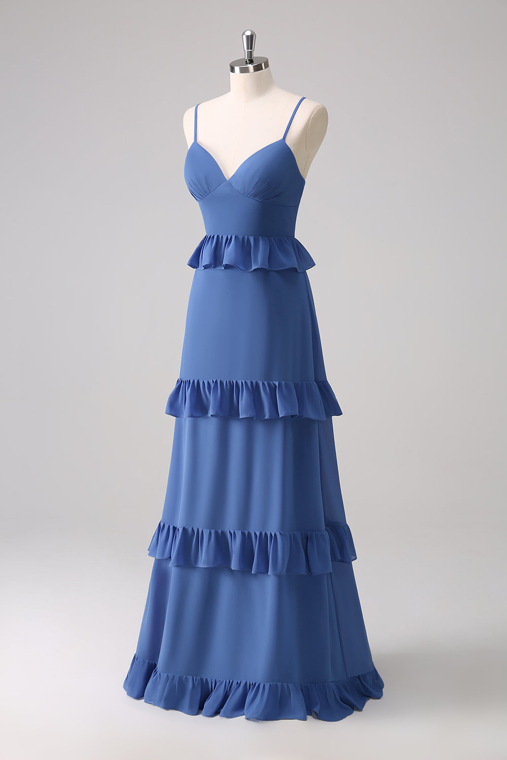 Vestido de dama de honor de línea A con tirantes finos azul oscuro