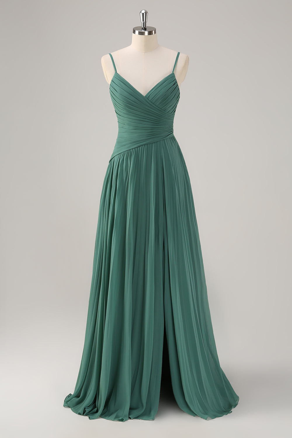 Vestido de dama de honor de gasa plisada con abertura de eucalipto con tirantes de espagueti de línea A