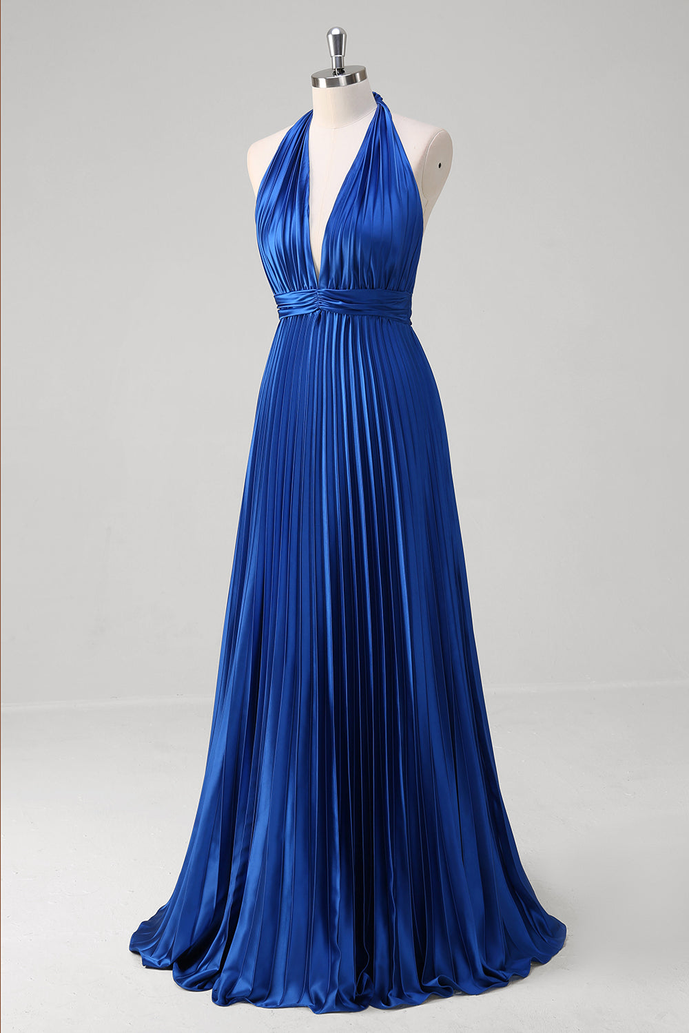 Vestido de fiesta largo plisado halter azul real