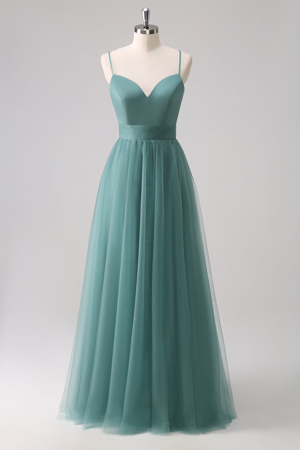 Tirantes de espagueti de eucalipto Vestido de dama de honor de tul de línea A