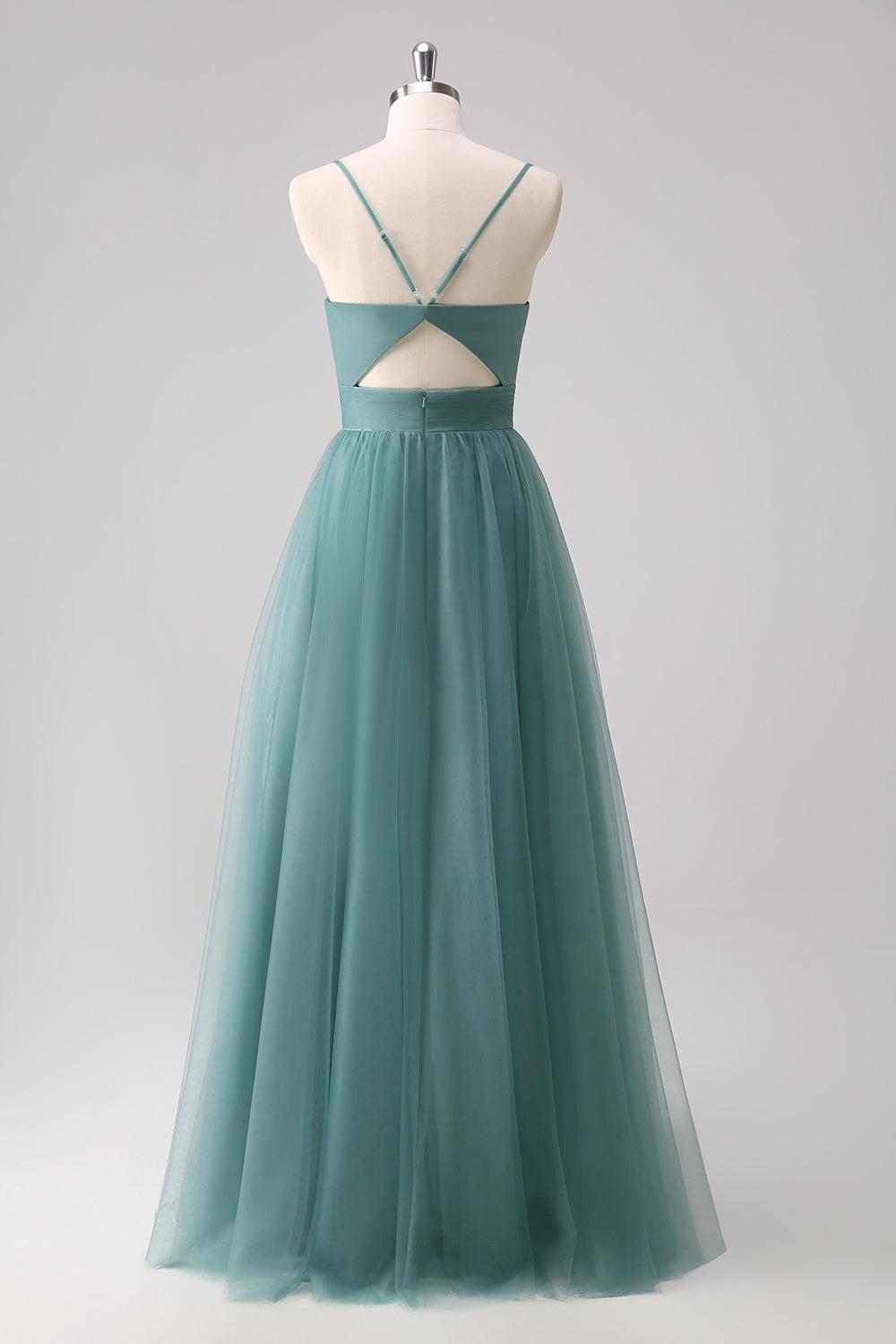 Tirantes de espagueti de eucalipto Vestido de dama de honor de tul de línea A