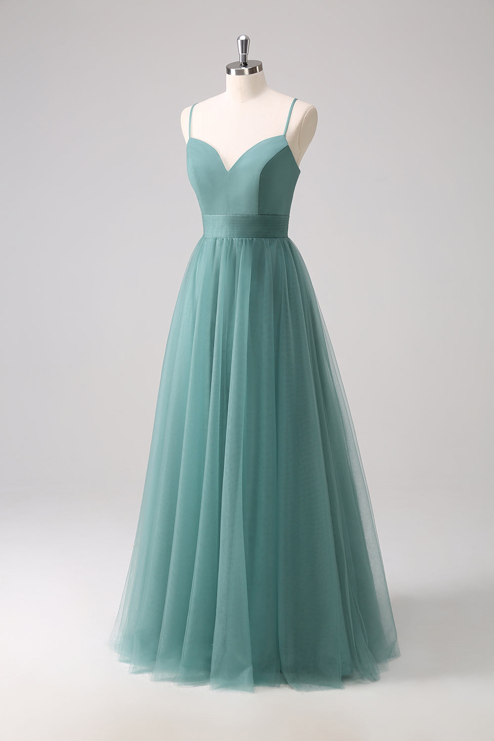 Tirantes de espagueti de eucalipto Vestido de dama de honor de tul de línea A