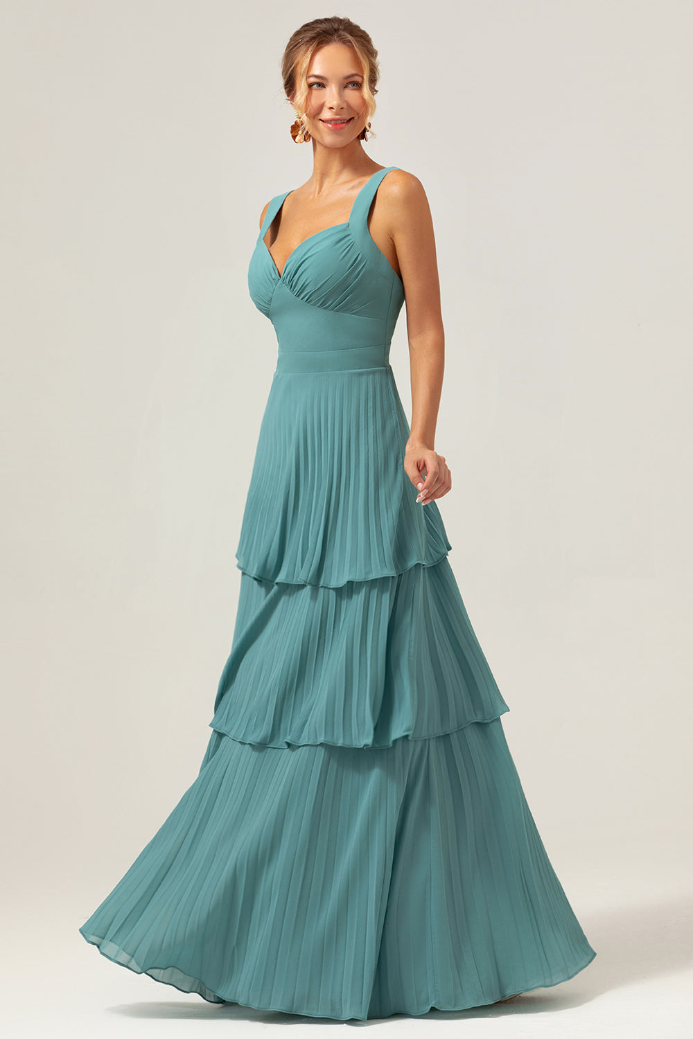 Tirantes de espagueti de eucalipto de línea A Vestido de dama de honor plisado de gasa
