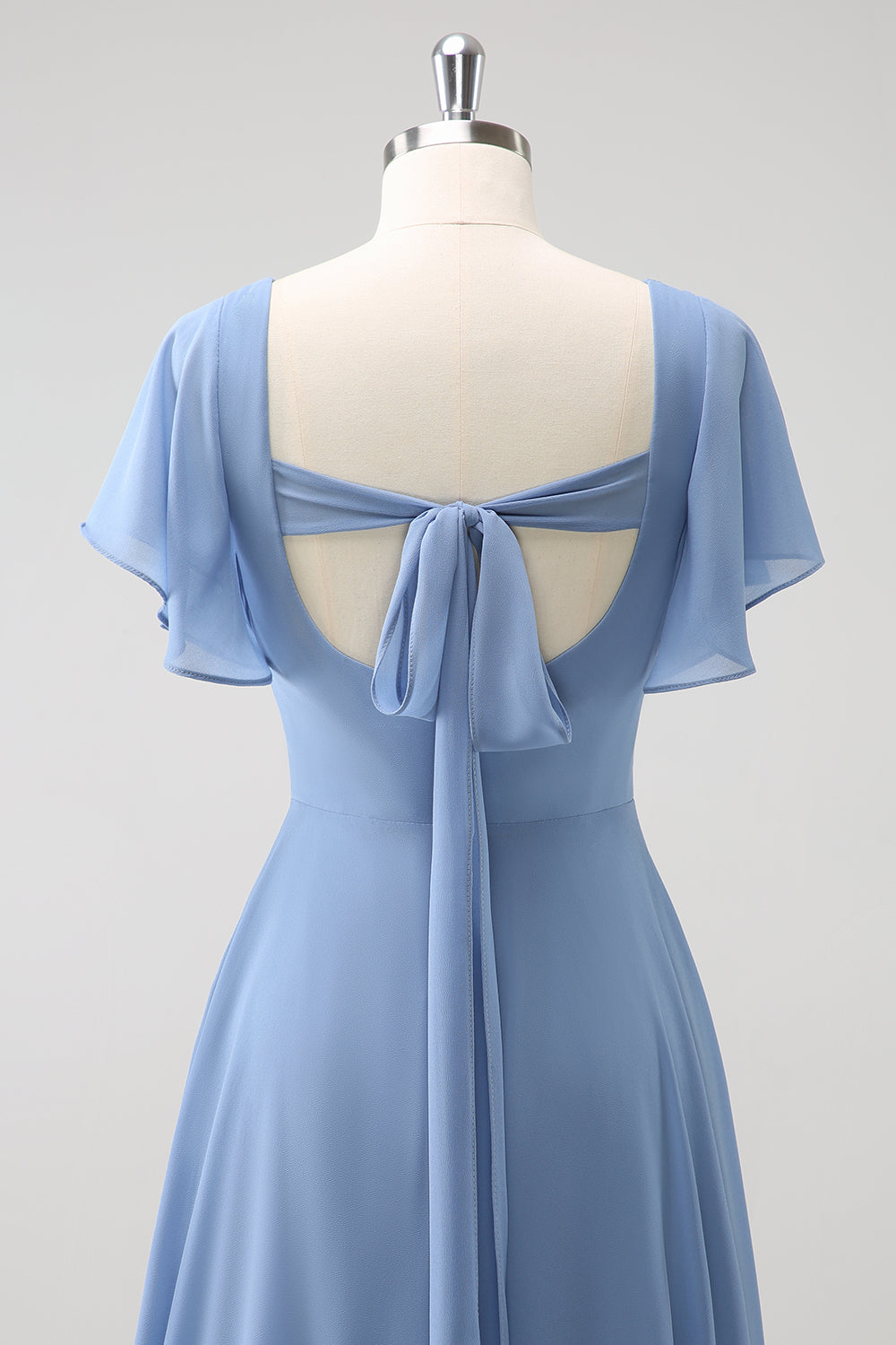 Vestido largo de dama de honor de gasa gris azul A Line con abertura