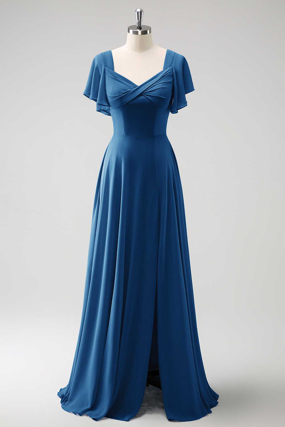 Vestido largo de dama de honor de gasa gris azul A Line con abertura