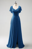 Vestido largo de dama de honor de gasa gris azul A Line con abertura