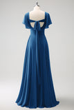 Vestido largo de dama de honor de gasa gris azul A Line con abertura