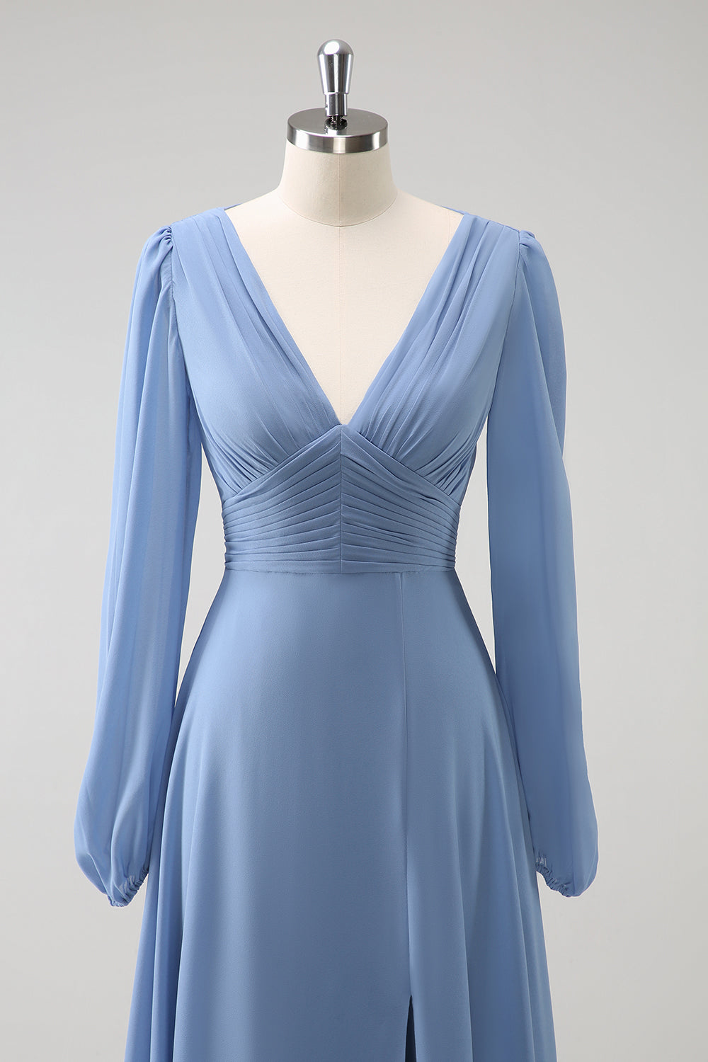 A Line Grey Blue V-Nack Vestido de Dama de Honor de Gasa con Mangas Largas