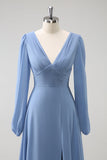 A Line Grey Blue V-Nack Vestido de Dama de Honor de Gasa con Mangas Largas