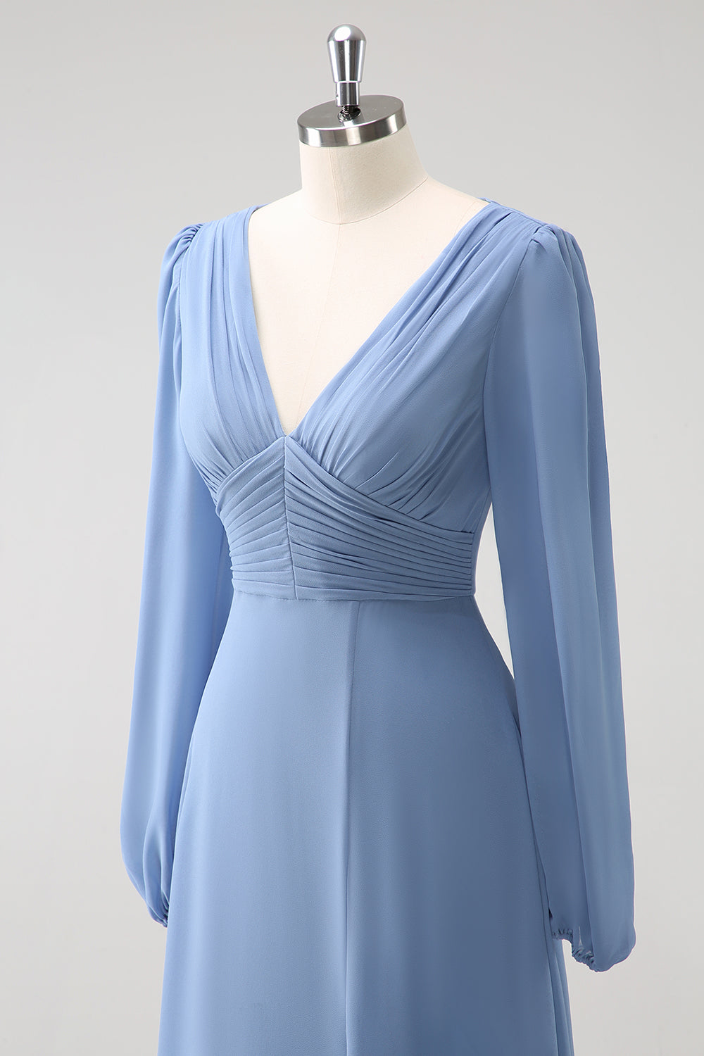 A Line Grey Blue V-Nack Vestido de Dama de Honor de Gasa con Mangas Largas