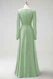 A Line Grey Blue V-Nack Vestido de Dama de Honor de Gasa con Mangas Largas