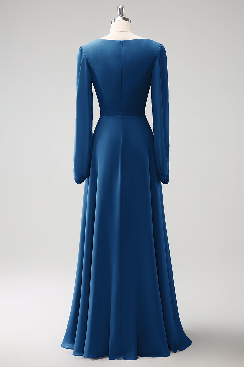 A Line Grey Blue V-Nack Vestido de Dama de Honor de Gasa con Mangas Largas